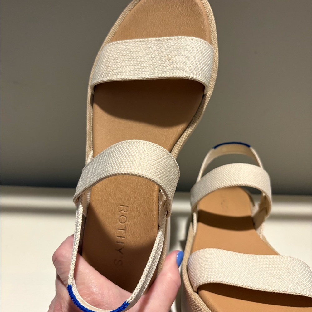 Rothy's Cream Platform Slingback Sandals with Blue Heel Tab - Picture 4 of 4